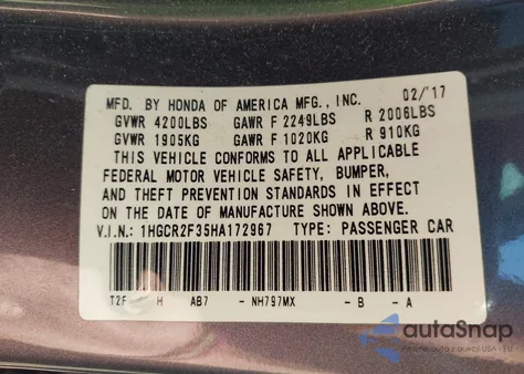 2017 Honda Accord Lx z USA, uszkodzony, nr VIN 1HGCR2F35HA172967
